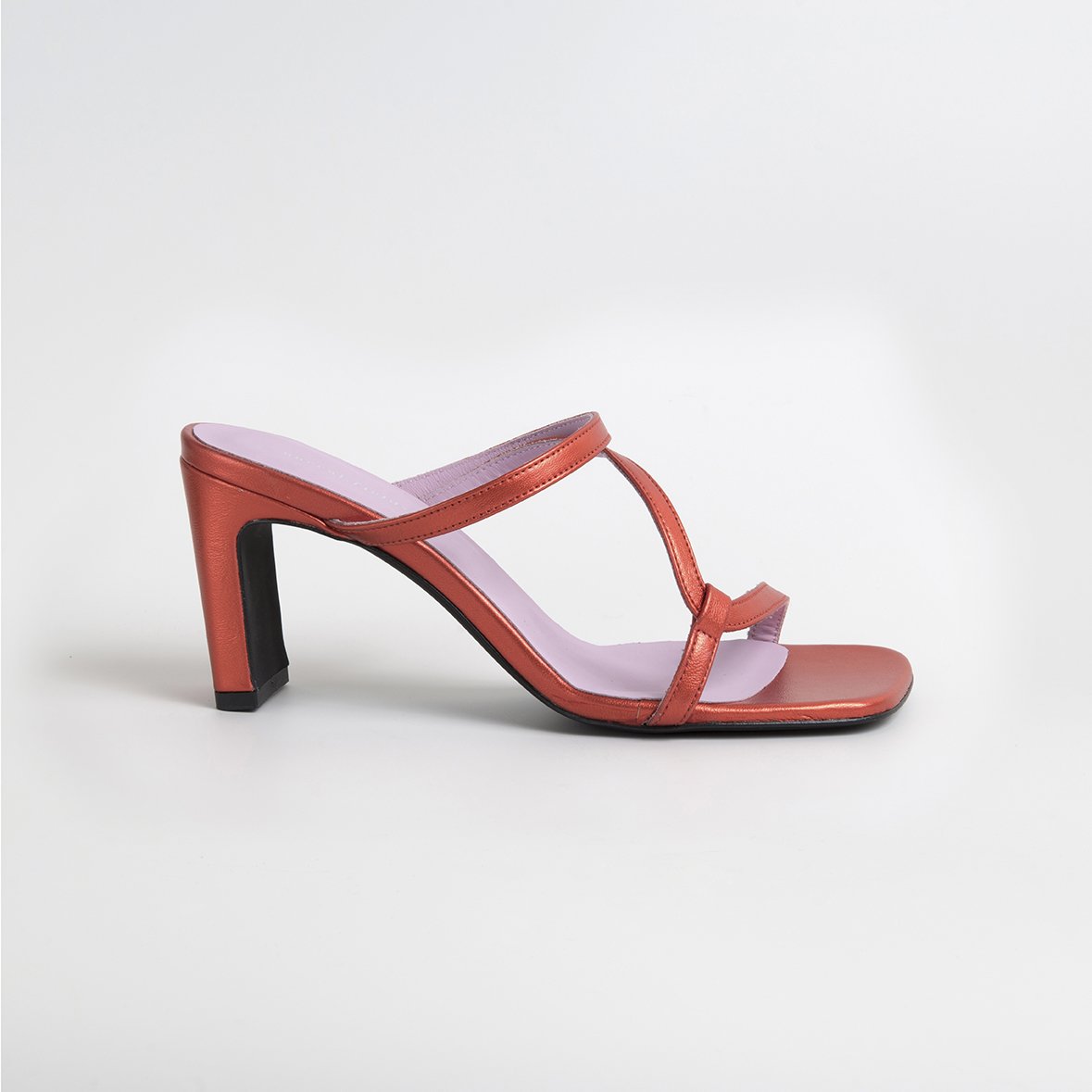 LILY Orange shoes featuring metallic leather upper, thin straps, and square cut toes, handcrafted in Portugal.